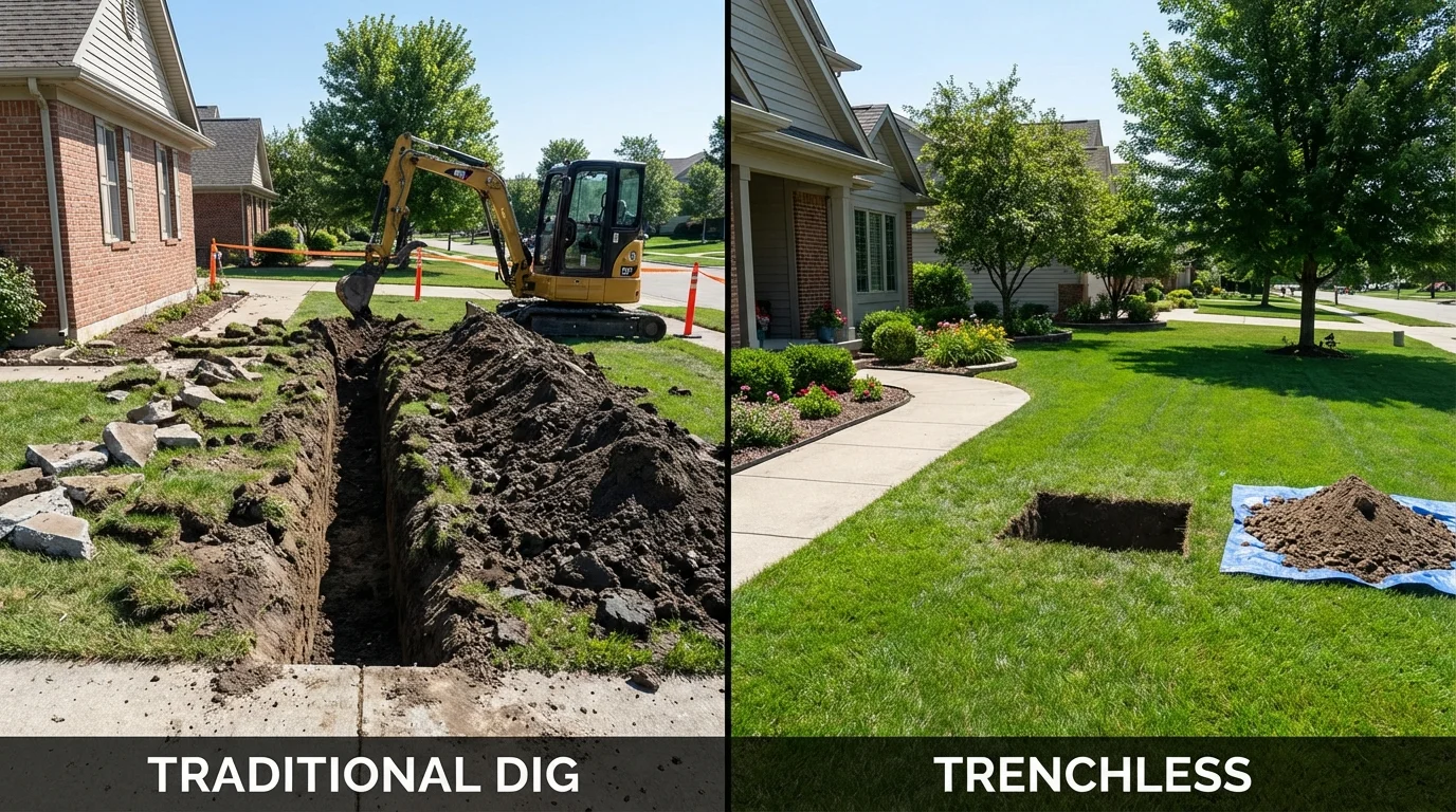 Trenchless sewer repair with minimal yard damage versus traditional excavation in Lagrange, IN